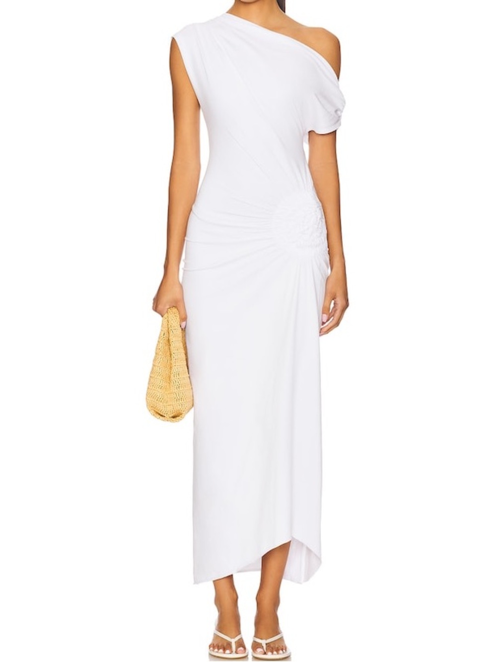 SNDYS Olividae Maxi Dress White One Shoulder Ruched Asymmetrical Resort XXS NWOT